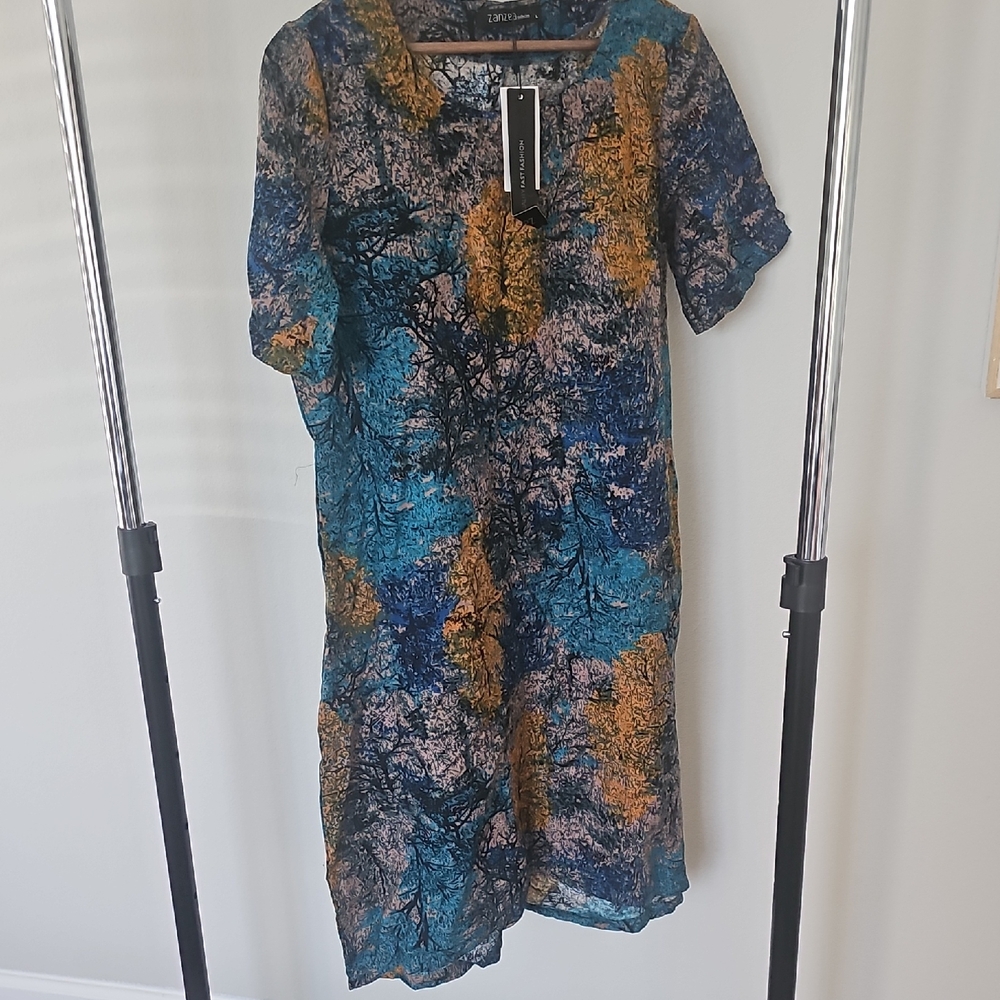 Zanzea Blue and Gold Patterned Midi Dress